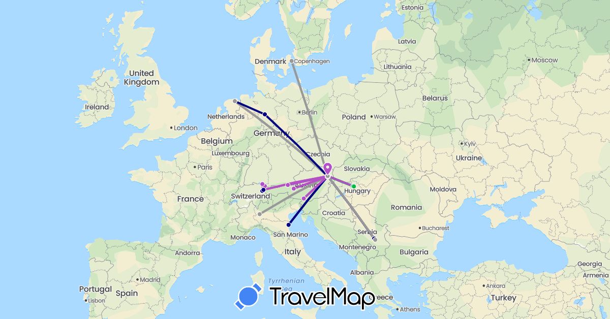 TravelMap itinerary: driving, bus, plane, train in Austria, Switzerland, Germany, Denmark, Hungary, Italy, Liechtenstein, Netherlands, Serbia (Europe)